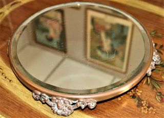 Vintage 10 " Round Art Deco Brass/bronze Dresser Vanity Plateau Beveled Mirror