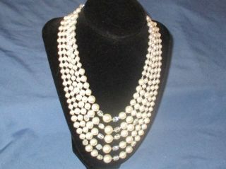 Vintage Japan 5 Strand Silver - Tone Metal Crystal & Faux Pearl Bead Necklace