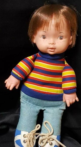 Vintage 1974 Fisher Price Joey Lapsitter Boy Baby Doll Striped Shirt Jeans 14 "
