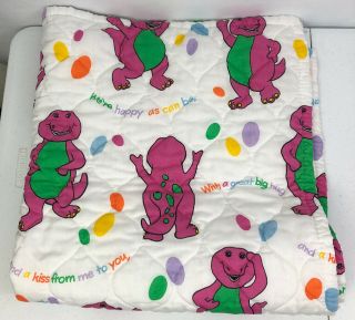 Vintage Barney The Dinosaur 1992 Baby Crib Quilt Blanket I Love You 54”x 42”
