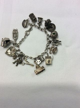 Vintage Antique Sterling Silver Charm Bracelet With 15 Charms