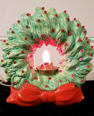 Vintage Ceramic Old Style Christmas Tree Wreath With Ceramic Light Up Candle
