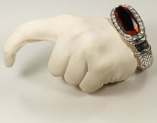 Vintage Silver Tone Wide Hinged Bangle Bracelet Large Red Mirror Glass Stone