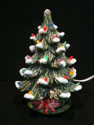 Vintage 7 " Flocked Nowell Mold Green Ceramic Christmas Tree