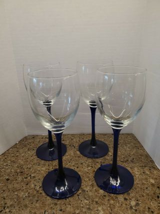 Vintage Set Of 4 Luminarc France Cobalt Blue Stem 8 Oz Wine Glasses 7 3/4 " Tall