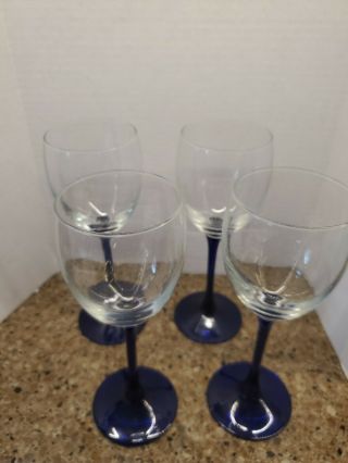 Vintage set Of 4 Luminarc France Cobalt Blue Stem 8 Oz Wine Glasses 7 3/4 