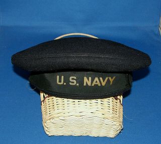 Vintage Ww Ii U.  S.  Navy Cracker Jack Pancake Wool Hat Flat Top