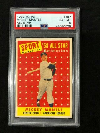 Mickey Mantle Yankees 1958 Topps All - Star As 487 - - Graded Psa 6 Ex - Mt