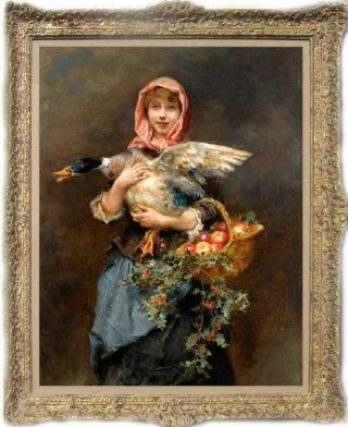 Old Master - Art Portrait Antique Oil Painting Girl Duck On Canvas 24 " X36 "