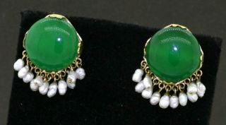 Vintage 14k Yellow Gold Large 16mm Green Jade And Pearl Dangle Earrings