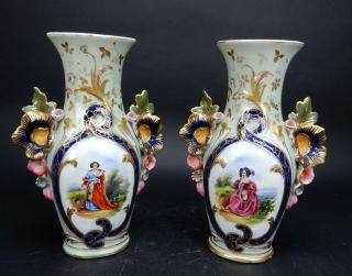 Pair Antique French Vieux Old Paris Porcelain Hand Paint Vases 11 Inches