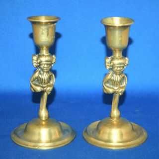 A Antique Victorian Gothic Lincoln Imp Gargoyle Brass Candlesticks,  5.  5 "