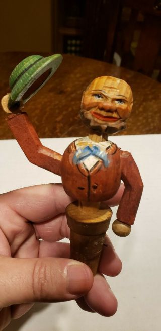 Vintage Anri Wood Carved Man Top Hat Bows Head Mechanical Bottle Wine Stopper