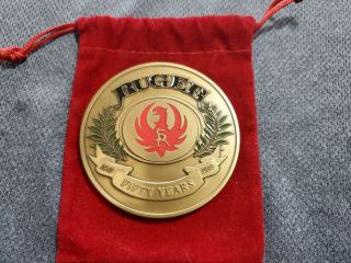 Sturm Ruger 50th Anniversary Brass Medallion Or Paperweight With Sr Ruger Logo