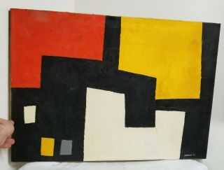 Antique Vintage Mcm Mid Century Modern Abstract Oil Painting On Canvas 1959