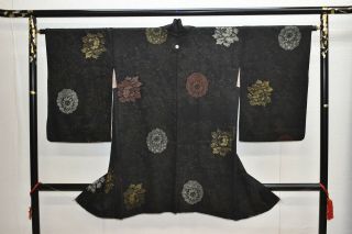 Vintage Silk Kimono Jacket:lacquered Chrysanthemum/tree Peony/plum Blossom@yu21