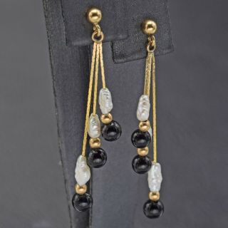Vintage 14k Yellow Gold Onyx & Freshwater Pearl Dangle Earrings 43.  0x4.  0 Mm
