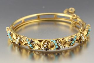 Vintage 50’s Gold Tone Red White Blue Glass Bead Bangle Bracelet Florenza