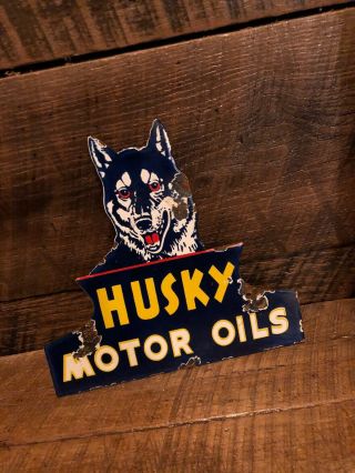 Vintage Husky Oils Gas Pump Porcelain Sign Shell Gulf Texaco Antique Oil Can Old