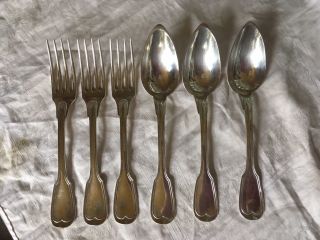 6 Antique French 950 Silver Place Forks Spoons Maitreau Fiddle Chinon Sterling,