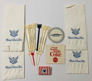 Vtg 1967 Ss United States Cruise Paper Napkins Coaster Bar Soap Swizzle Sticks