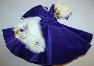 Lovely Purple Velvet Dress,  Stole & Hat For 20” Doll Cissy,  Dollikin,  Revlon