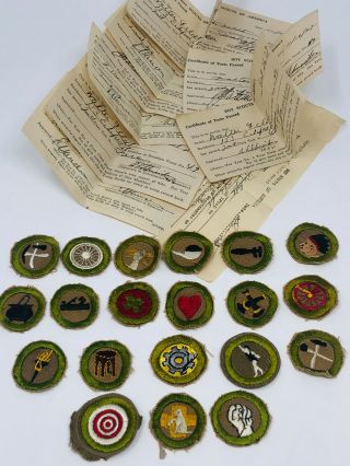 Vintage 1920s Boy Scout Merit Badges For Sash With Paperwork Bsa