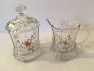 Vintage Clear Glass With Hand Painted Flowers Creamer & Sugar Set