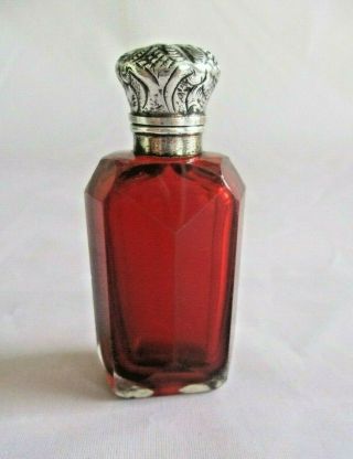Antique Victorian Silver & Cranberry Glass Perfume Bottle Circa 1880