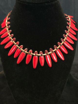 Vintage Retro Red Metal Necklace W/copper Tone Base 16 " Necklace