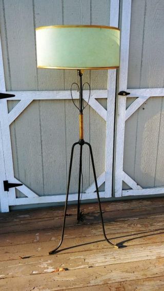 Vintage Mid Century Modern Tommi Parzinger Iron & Brass Floor Lamp W/ Shade