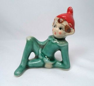 Vintage Ceramic Christmas Pixie Elf Shelf Sitter Green Japan
