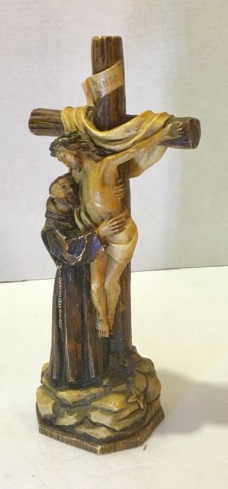 Vintage Saint Francis Of Assisi With Lord Jesus On Cross Catholic Statue 11 "