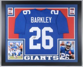 Saquon Barkley Signed York Giants 35x43 Custom Framed Blue Jersey (jsa)