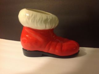 Vintage Handmade Ceramic Santa Claus Boot Planter Candy Cane Holder 1980