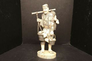 Antique Sculpture Statue Figure Chinese Hand Carved Wood & Bovine Bone Vtg Man
