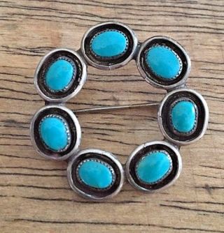 Vintage Handcrafted Sterling Silver Round Pin Brooch W.  Turquoise Stones 925