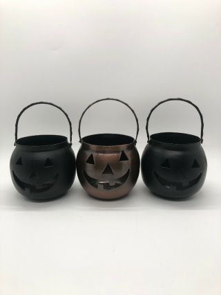 Vintage Metal Hosley U.  S.  A.  Halloween Pumpkin Jack - O - Lantern Candle Holders