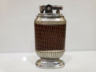 Vintage Japan Made Table Lighter / Leather Wrapped & Silver