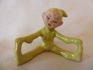 Vintage Christmas Gilner Elf Pixie Touching Toes Figurine Lime Green Suit 1950s