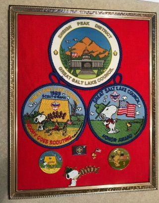 Boy Scouts - Vintage Pins & Patches - Snoopy - Peanuts - Great Salt Lake Council - Framed