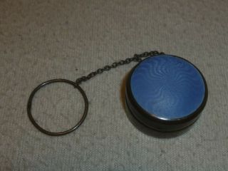 Vintage Sterling Silver Blue Enamel Pill Box Compact Chained Mirror Guilloche