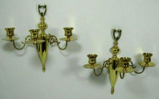 Pair Vintage Solid Brass Wall Sconces 3 Arm Candle Holders Hollywood Regency