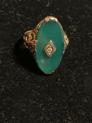 Antique Vintage 14k Solid White Gold Filigree Hand Carved Green Jade Size 5 Ring