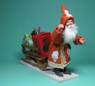 Antique Papermache Red Santa With Wooden Sled Christmas Made In Germany 1940