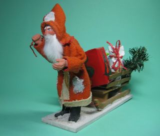 ANTIQUE PAPERMACHE RED SANTA WITH WOODEN SLED CHRISTMAS MADE IN GERMANY 1940 2