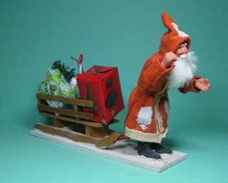 ANTIQUE PAPERMACHE RED SANTA WITH WOODEN SLED CHRISTMAS MADE IN GERMANY 1940 3