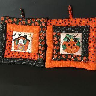 2 Vintage Halloween Potholders Jol Ghost Haunted House Pumpkin Vtg Orange Black
