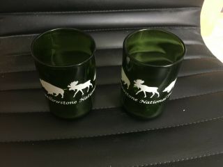 Two Vintage Yellowstone National Park Green Glass Mugs Bison,  Moose,  Bear,  Figures
