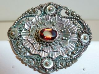 Antique Art Nouveau Garnet Hand Carved Solid Marked 925 Sterling Pin